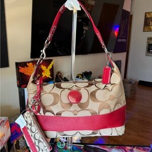 Coach Signature Canvas Shoulder Bag - Red and Tan